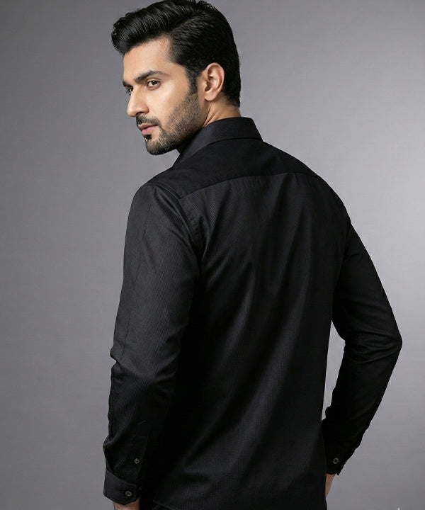 Men's Casual Shirt - Black Stripe Shc-1972 Strech Fabric - Black - View 3