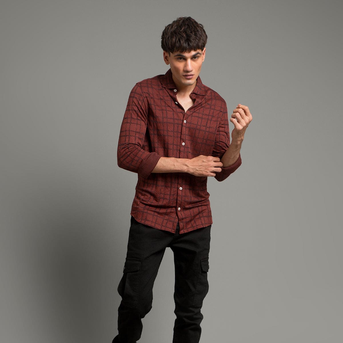 Men's Casual Checkered Shirt - Maroon Shc-1973 Strech Fabric - Maroon - View 3