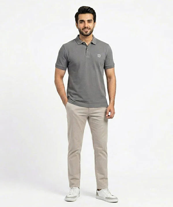 Premium Ribbed Collar Basic Polo T-Shirt Grey TSH-7162
