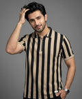 Men'S T-Shirt Collar Beige Stripe Tsh-7160 - Beige - View 1