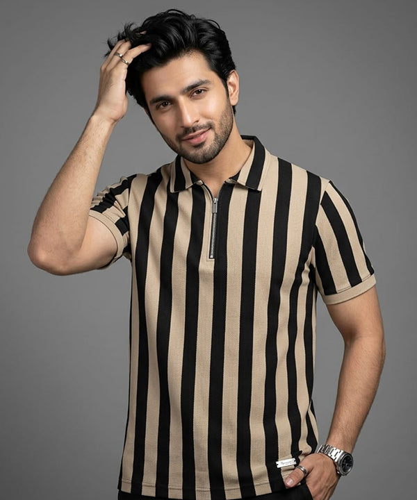 Men'S T-Shirt Collar Beige Stripe Tsh-7160 - Beige - View 1