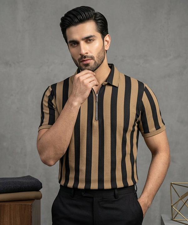 Men'S T-Shirt Collar Brown Stripe Tsh-7160 - Brown - View 1