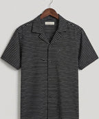 Men’s Pinstripe Drawstring Half Sleeves Shirt– Relaxed Fit - SHC-3067 Black stripe - Black - View 2