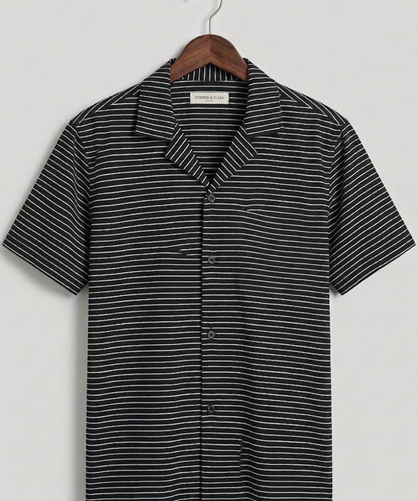 Men’s Pinstripe Drawstring Half Sleeves Shirt– Relaxed Fit - SHC-3067 Black stripe - Black - View 2
