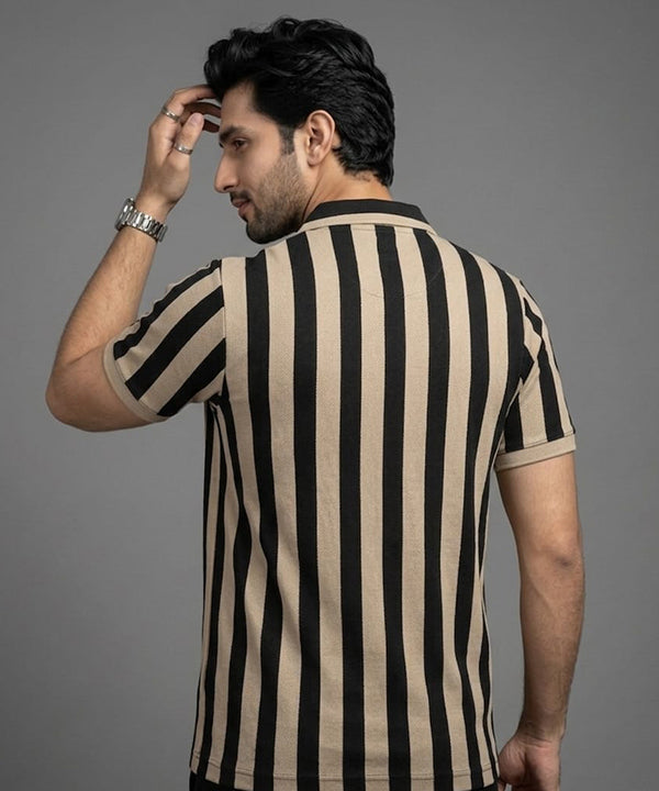 Men'S T-Shirt Collar Beige Stripe Tsh-7160 - Beige - View 4