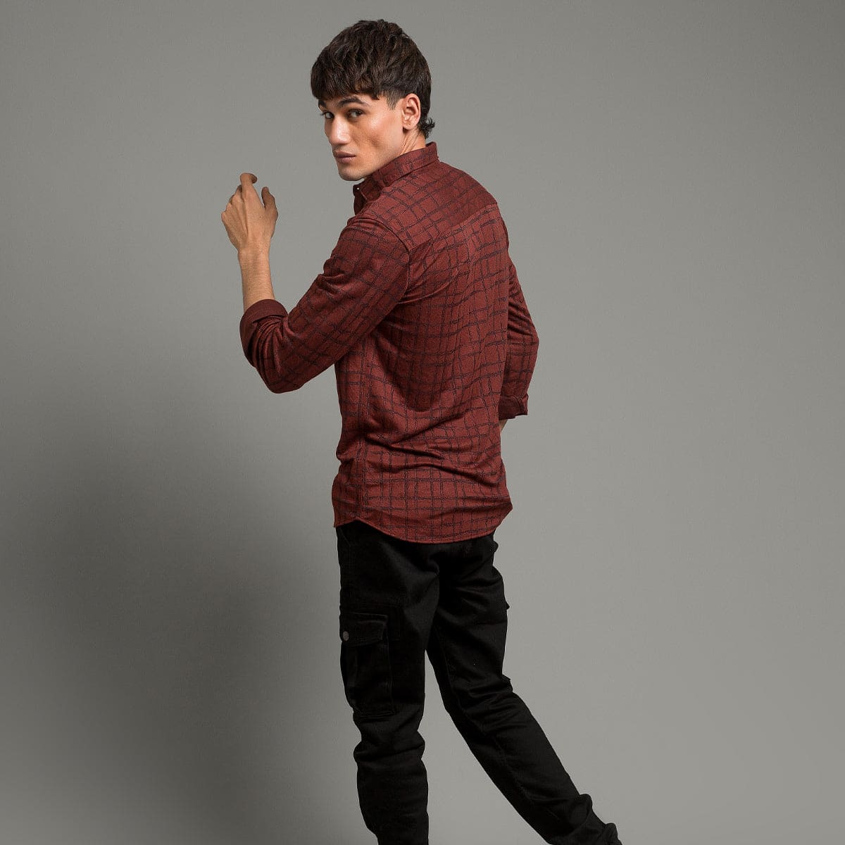 Men's Casual Checkered Shirt - Maroon Shc-1973 Strech Fabric - Maroon - View 4