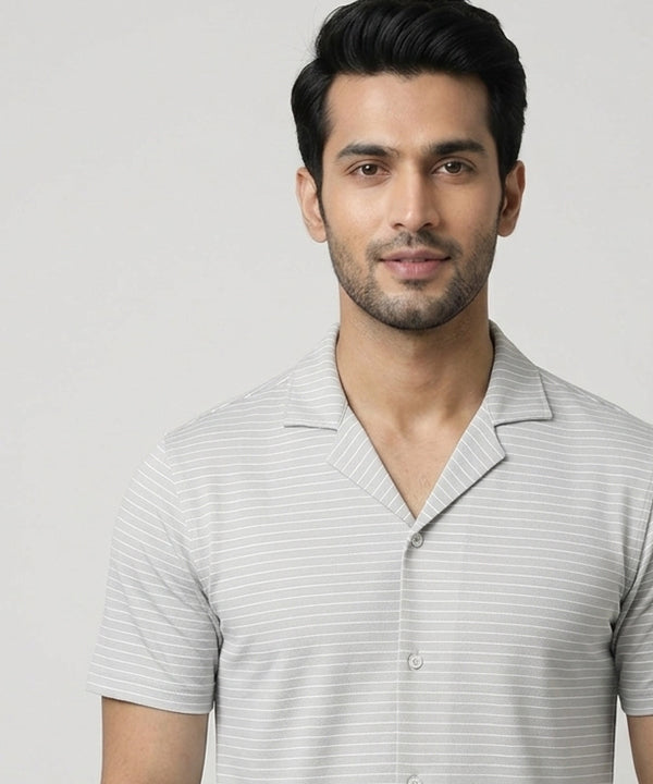 Men’s Pinstripe Drawstring Half Sleeves Shirt– Relaxed Fit - SHC-3067 Grey Stripe - Grey - View 2