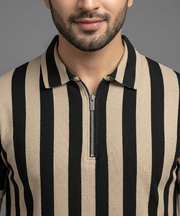 Men'S T-Shirt Collar Beige Stripe Tsh-7160 - Beige - View 5