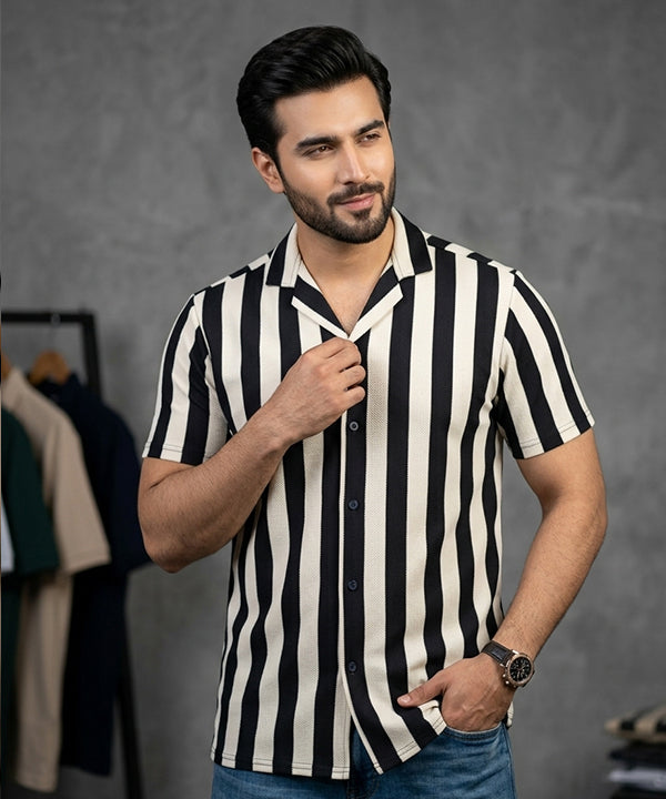 Men's Casual Shirt Half Sleeves - SHC-3069 Black Stripe ( ORG ) - Black - View 1