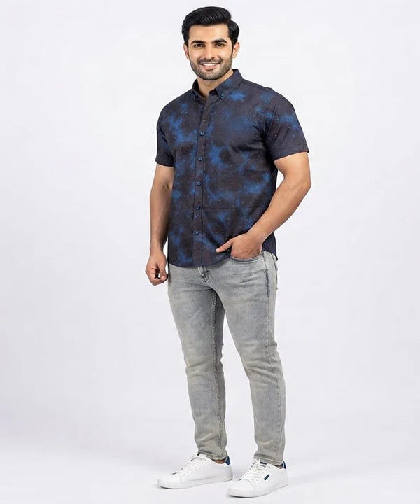 Men's Casual Printed Blue Half Sleves Shc-1778 ( H )