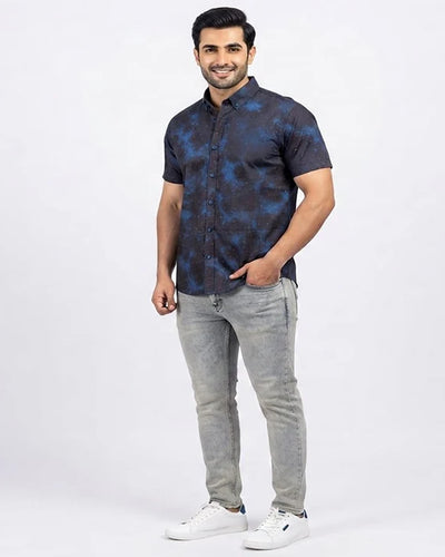 Men's Casual Printed Blue Half Sleves Shc-1778 ( H )