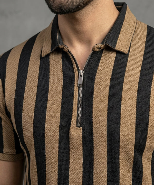 Men'S T-Shirt Collar Brown Stripe Tsh-7160 - Brown - View 4