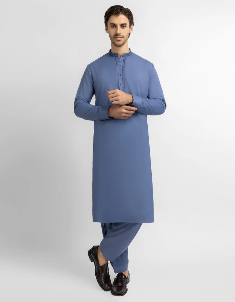 dull blue semi-formal kameez shalwar