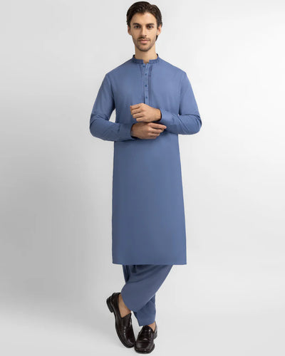 dull blue semi-formal kameez shalwar