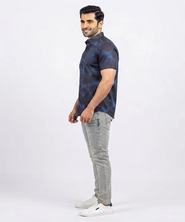 Men's Casual Printed Blue Half Sleves Shc-1778 ( H )