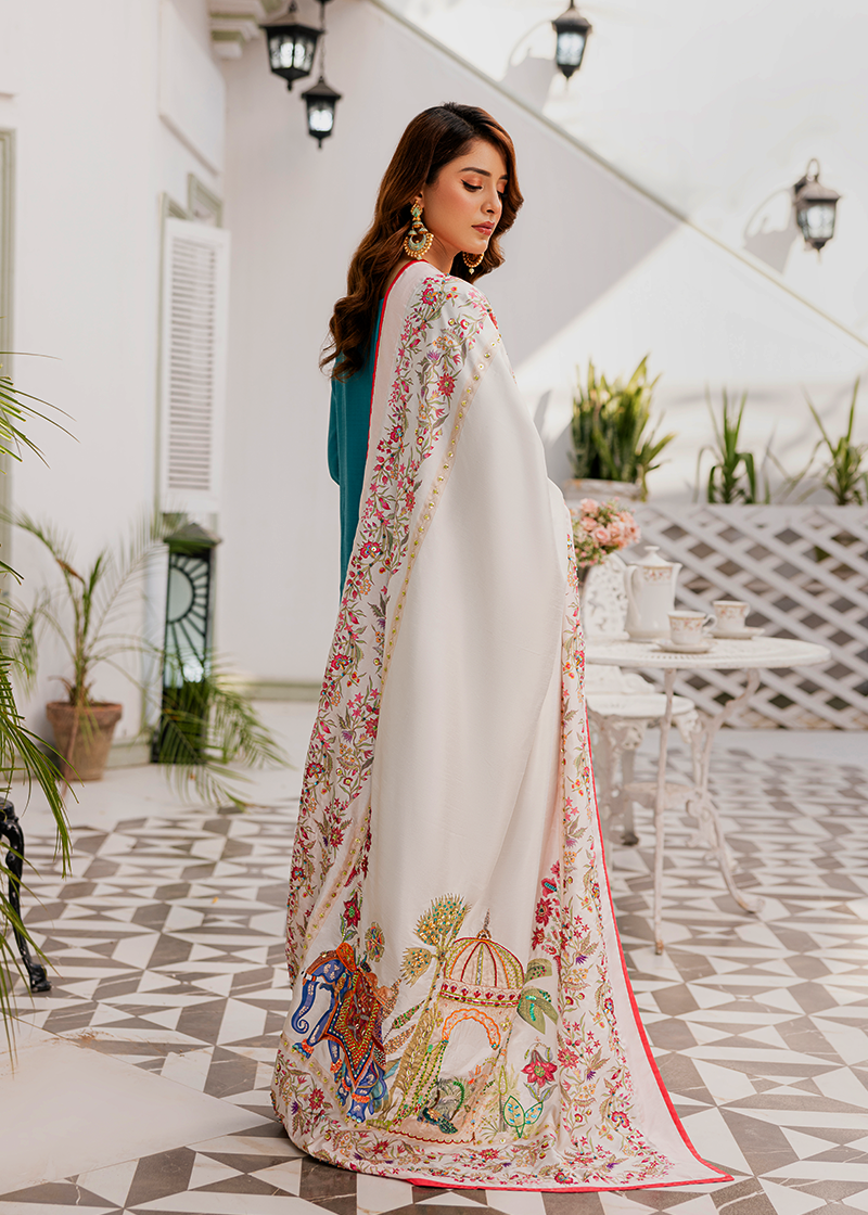 Vashah Lahore Fort - Hand Embroidered Raw Silk Shawl - Shopping Karado