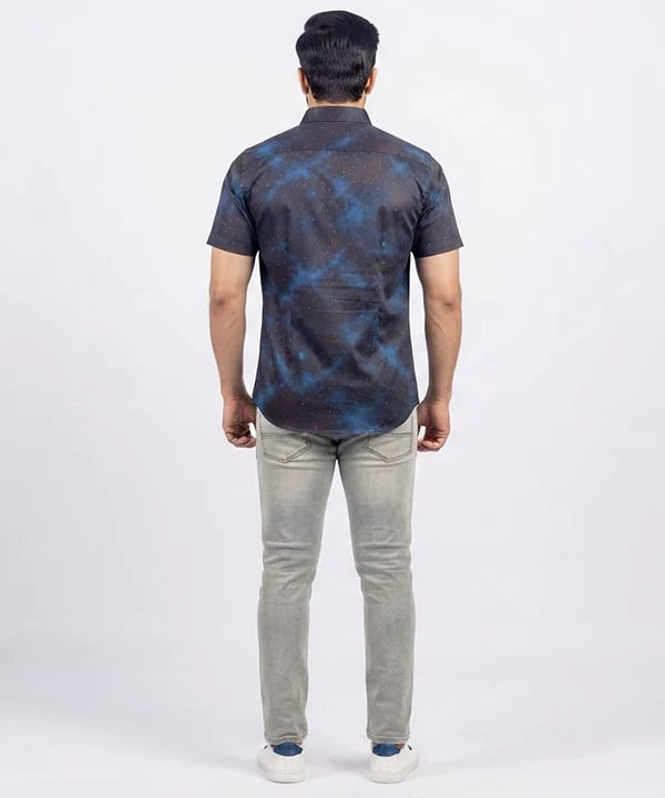 Men's Casual Printed Blue Half Sleves Shc-1778 ( H )