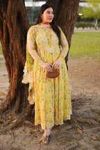 3pc yellow aneelas frock lawn