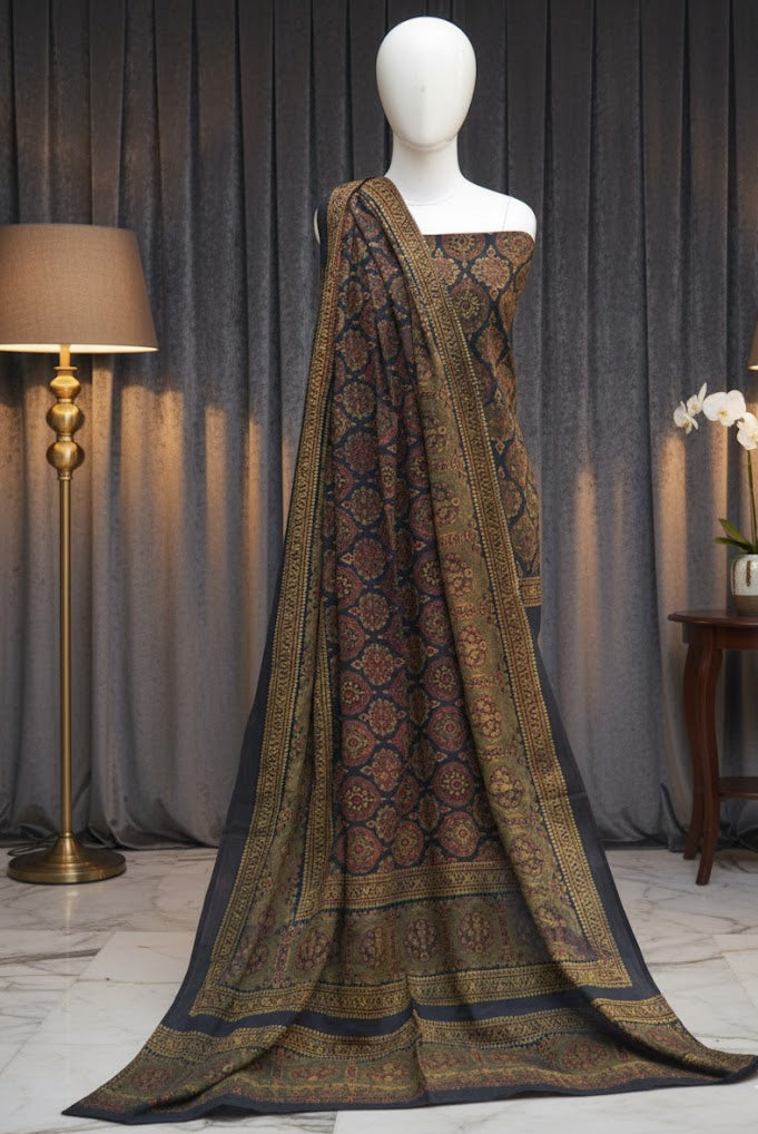 Ajrak Badam Dark Green Base with Maroon Filler Two-Piece – Unstitched Shirt & Dupatta (2.5 m x 44″) – Lawn & Cotton