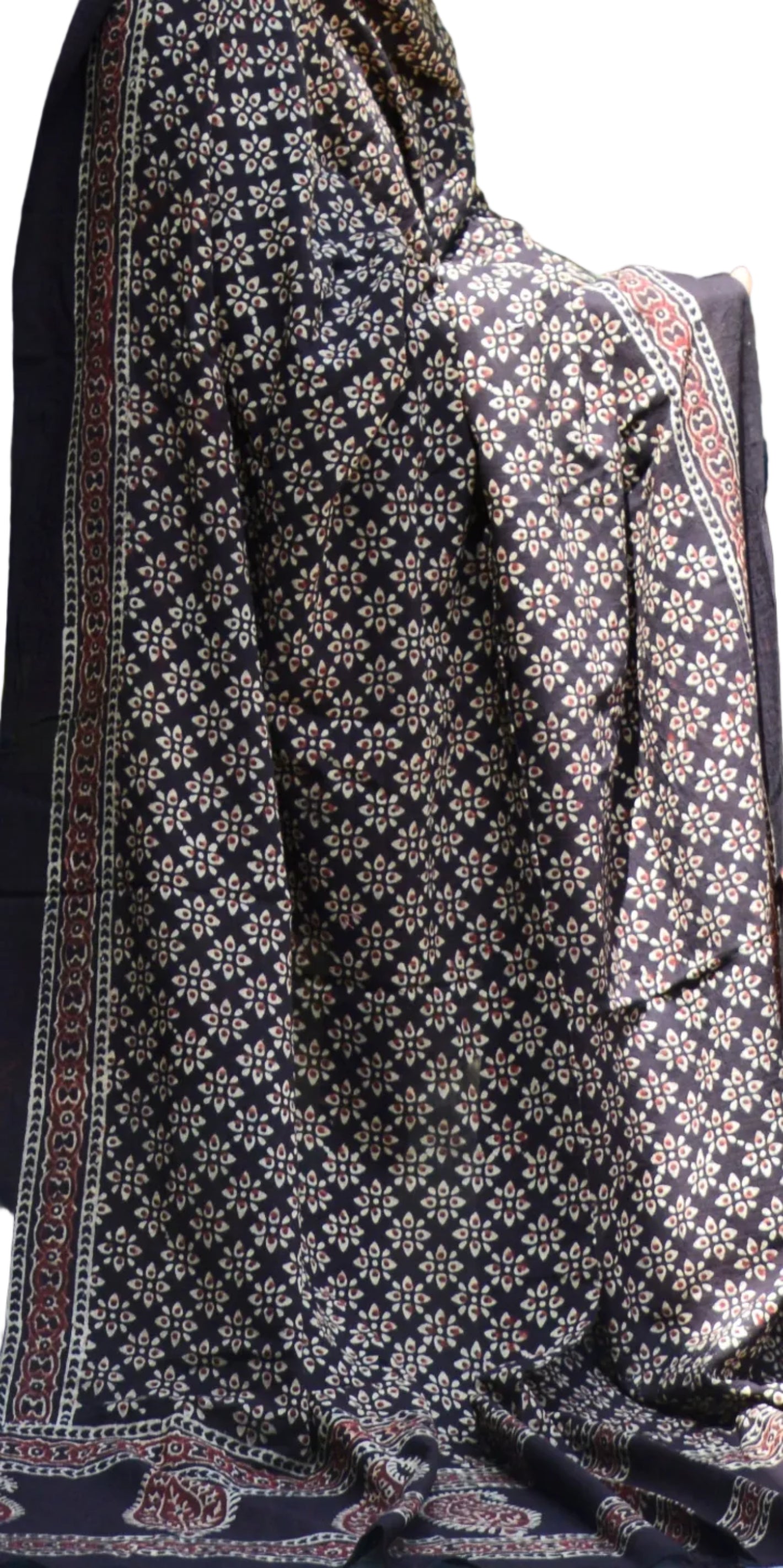 Organic Dye Hand Block Printed Ajrak Black Odhni Floral