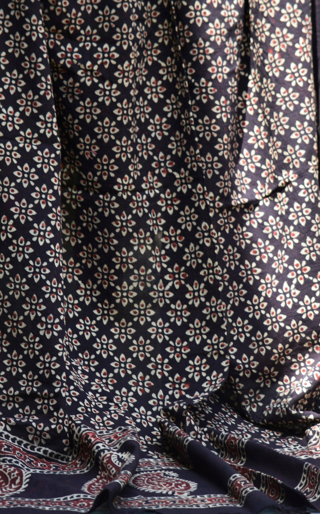 Organic Dye Hand Block Printed Ajrak Black Odhni Floral