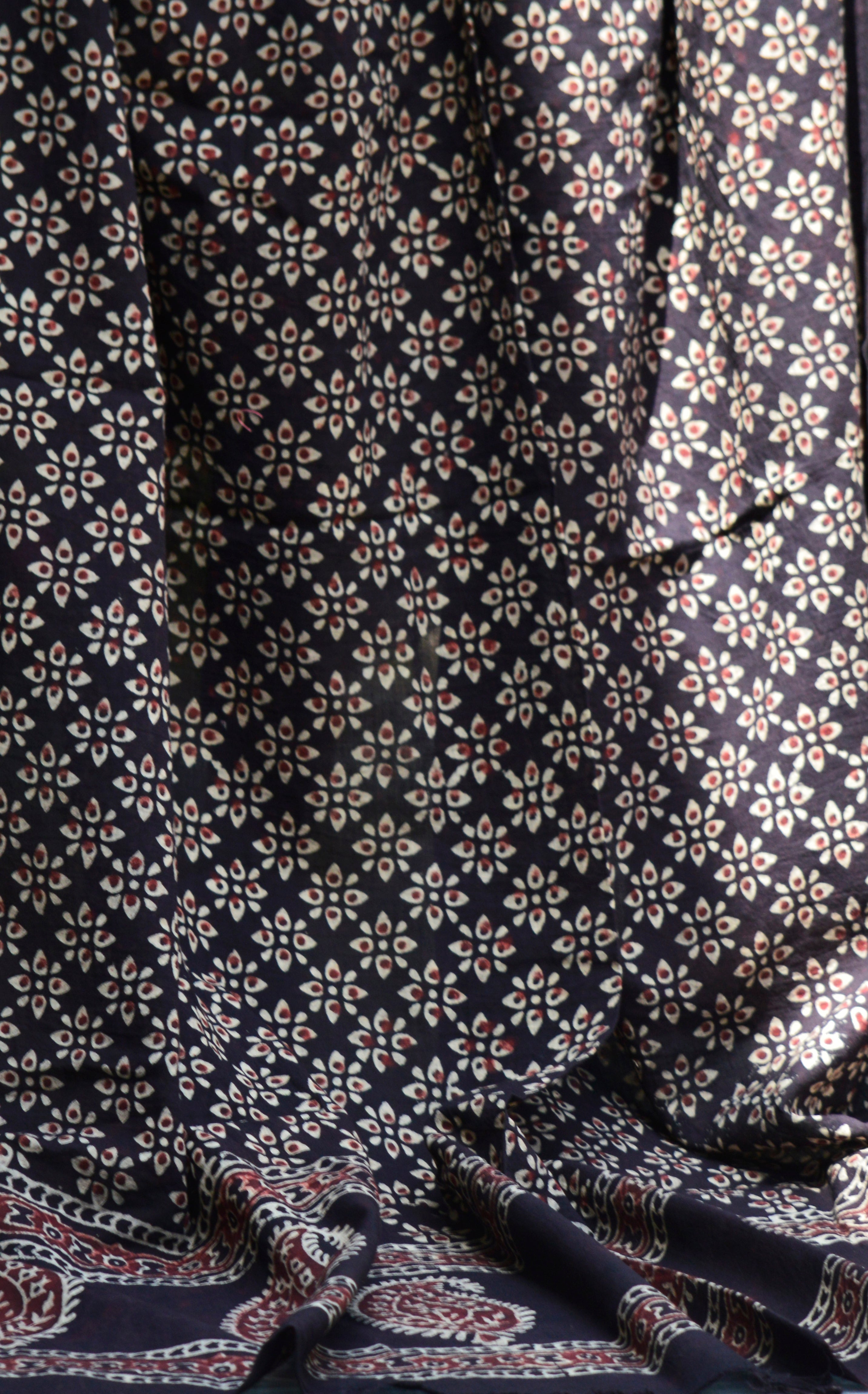Organic Dye Hand Block Printed Ajrak Black Odhni Floral