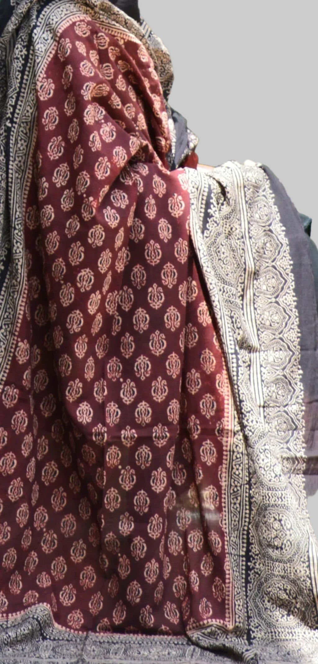 Two-Tone Ajrak Odhni Floral – Organic Dye Hand Block Printed Lawn Dupatta/Shawl