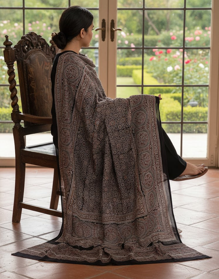 Ajrak Chadar Moroccan Design – Hand Block Printed Organic Dyed Cotton Shawl