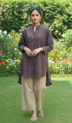 Ajrak Design Dress — Black Stripe Kurta with Calamansi Color Trouser (Unstitched Cotton)