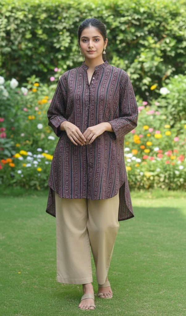 Ajrak Design Dress — Black Stripe Kurta with Calamansi Color Trouser (Unstitched Cotton)