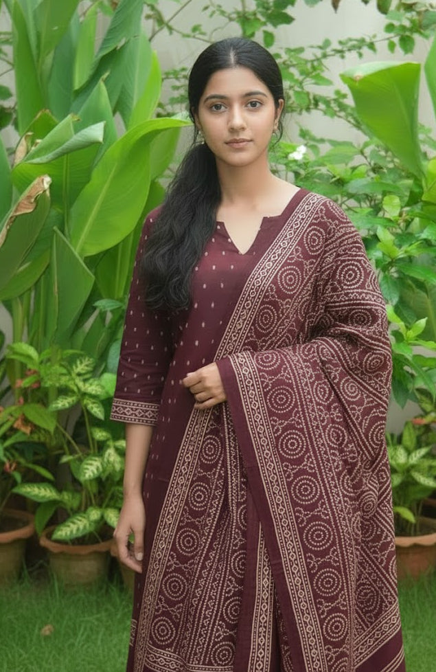 Ajrak Design Dress – Organic Dye Hand Block Printed Chunri Two-Piece Set in Brown Coffee Tones (Cotton)