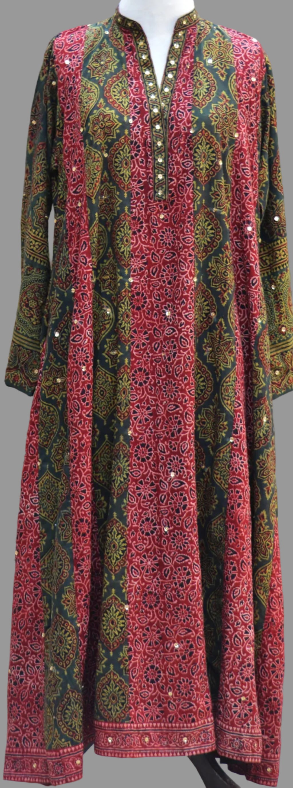 Organic Dye Hand Block Printed Ajrak Bohemian Frock – Cotton Patchwork with Sitara Sequin Work