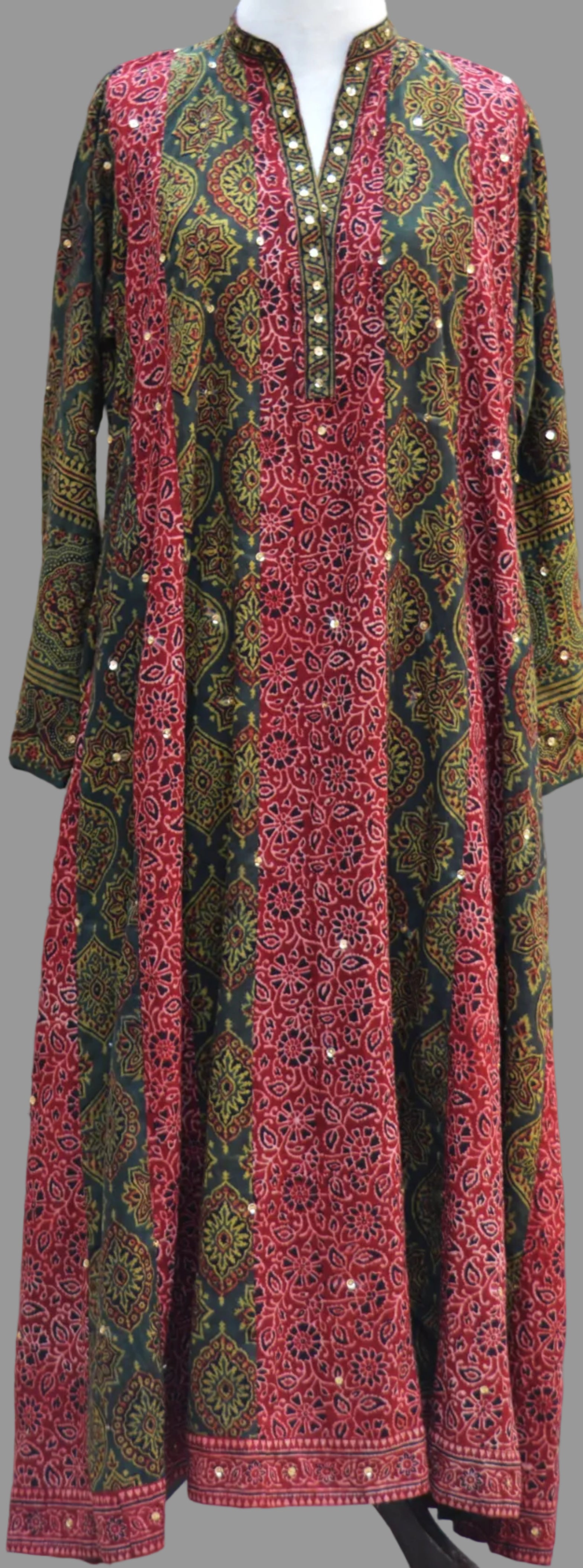 Organic Dye Hand Block Printed Ajrak Bohemian Frock – Cotton Patchwork with Sitara Sequin Work