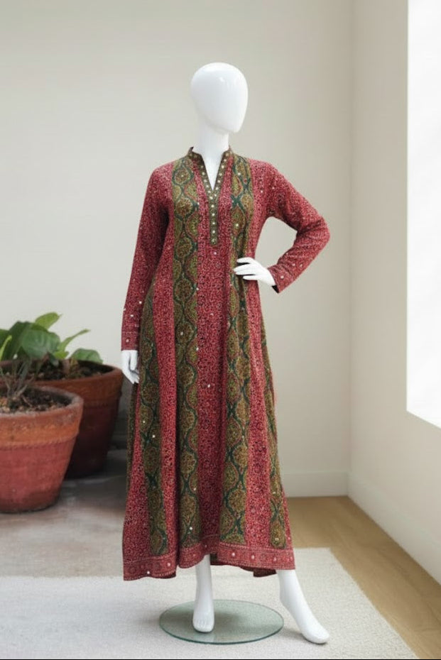 Organic Dye Hand Block Printed Ajrak Bohemian Frock – Cotton Patchwork with Sitara Sequin Work