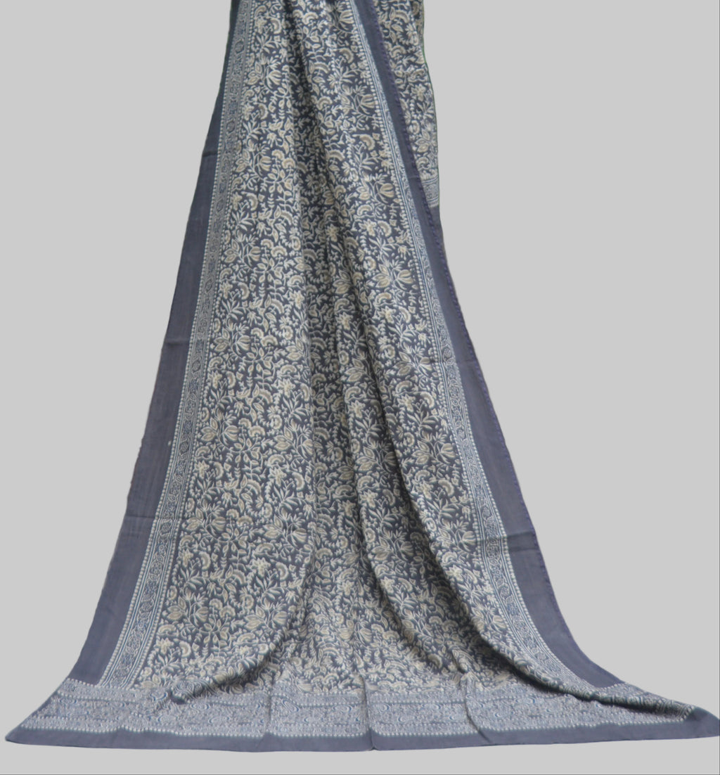 Ajrak Design Dress – Grey Floral Print, Organic Dye Cotton (Unstitched Two Piece)