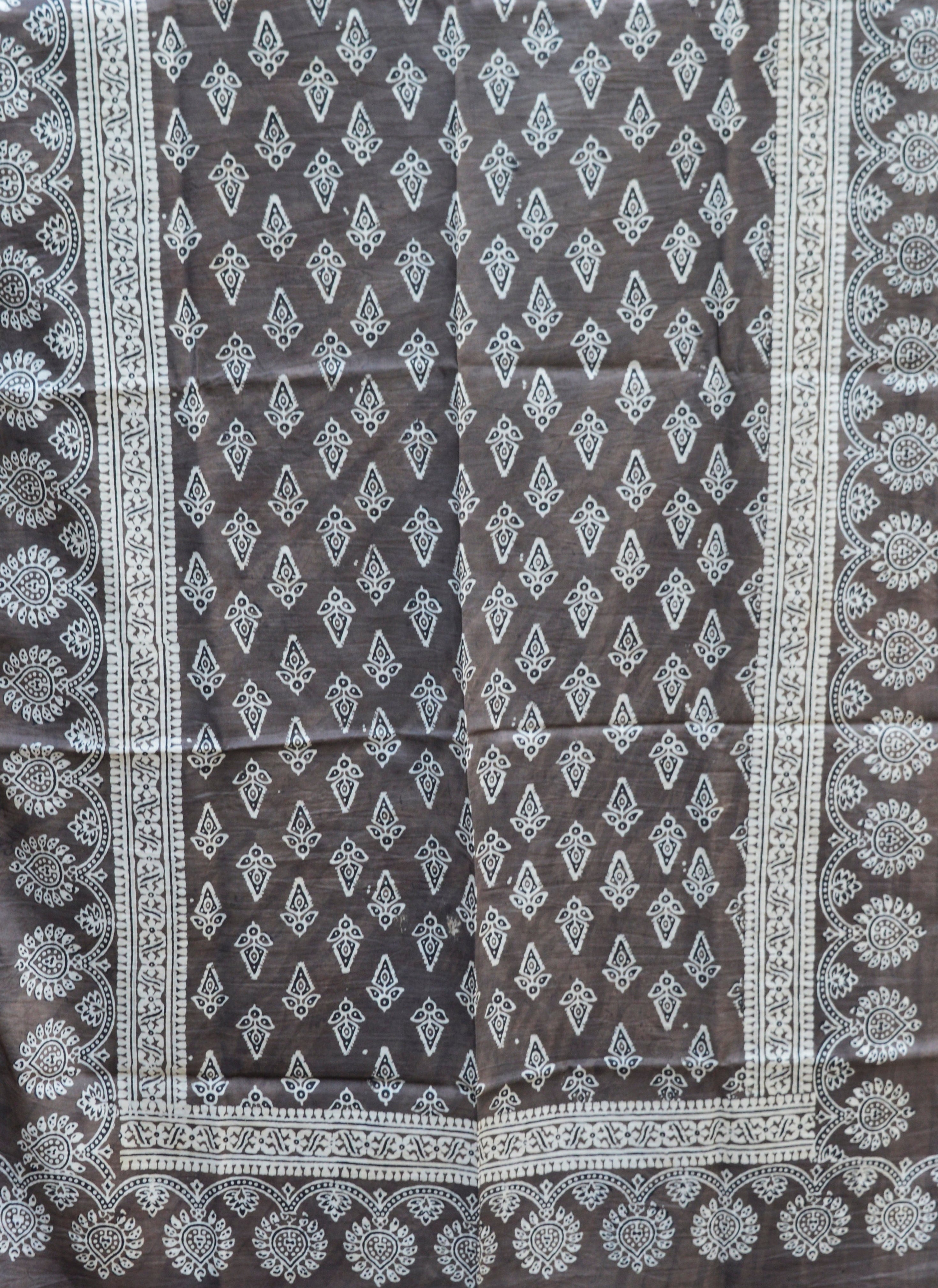 Organic Dyed Hand Block Printed Ajrak Hijab – Grey Floral Butta Scarf (79" × 30")