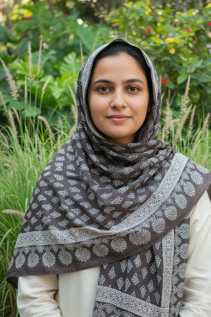Organic Dyed Hand Block Printed Ajrak Hijab – Grey Floral Butta Scarf (79" × 30")