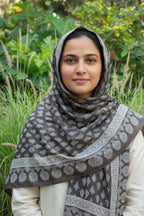 Organic Dyed Hand Block Printed Ajrak Hijab – Grey Floral Butta Scarf (79" × 30")