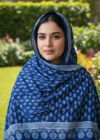 Organic Dyed Hand Block Printed Ajrak Hijab – Indigo Floral Butta Scarf (79" × 30")