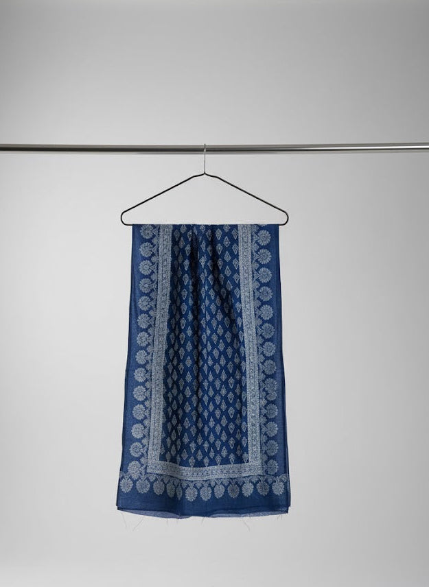 Organic Dyed Hand Block Printed Ajrak Hijab – Indigo Floral Butta Scarf (79" × 30")