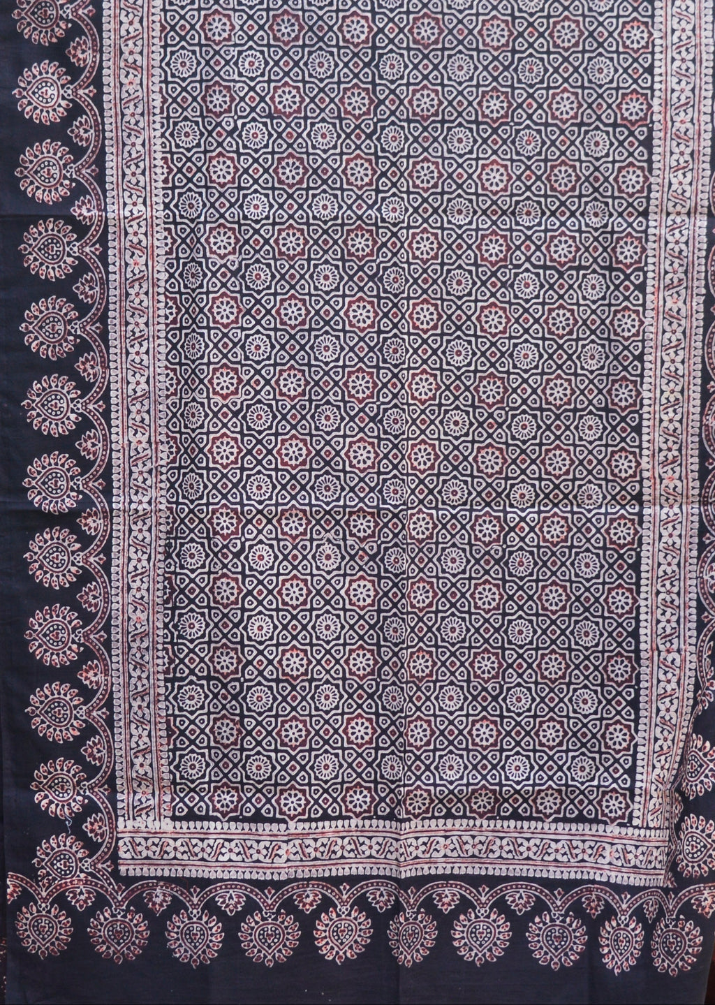 Organic Dyed Hand Block Printed Ajrak Hijab – Black Contrast Moroccan Scarf (79" × 30")