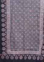 Organic Dyed Hand Block Printed Ajrak Hijab – Black Contrast Moroccan Scarf (79" × 30")