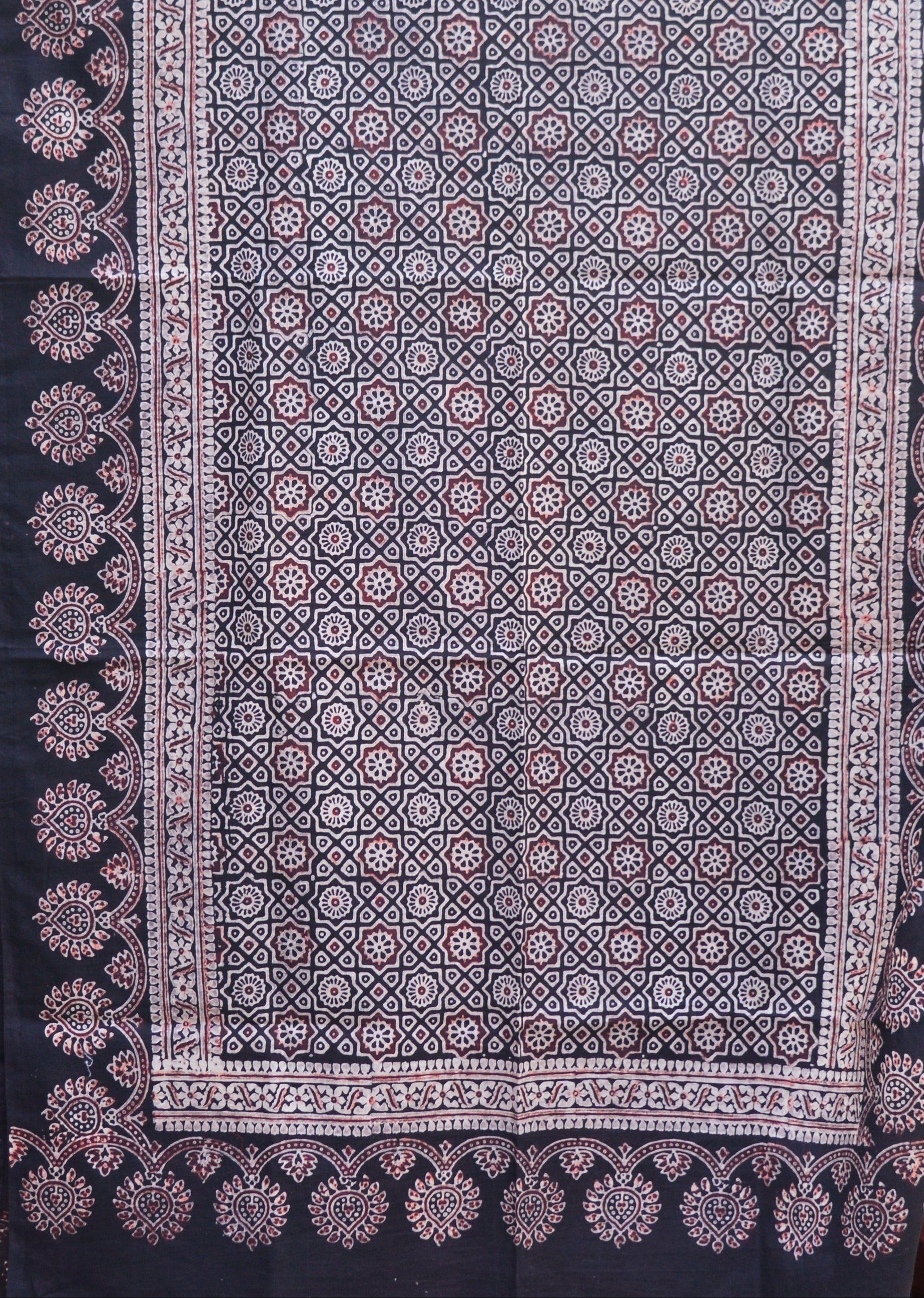 Organic Dyed Hand Block Printed Ajrak Hijab – Black Contrast Moroccan Scarf (79" × 30")