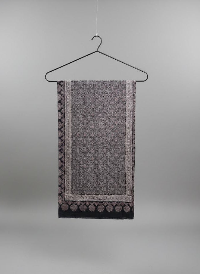Organic Dyed Hand Block Printed Ajrak Hijab – Black Contrast Moroccan Scarf (79" × 30")