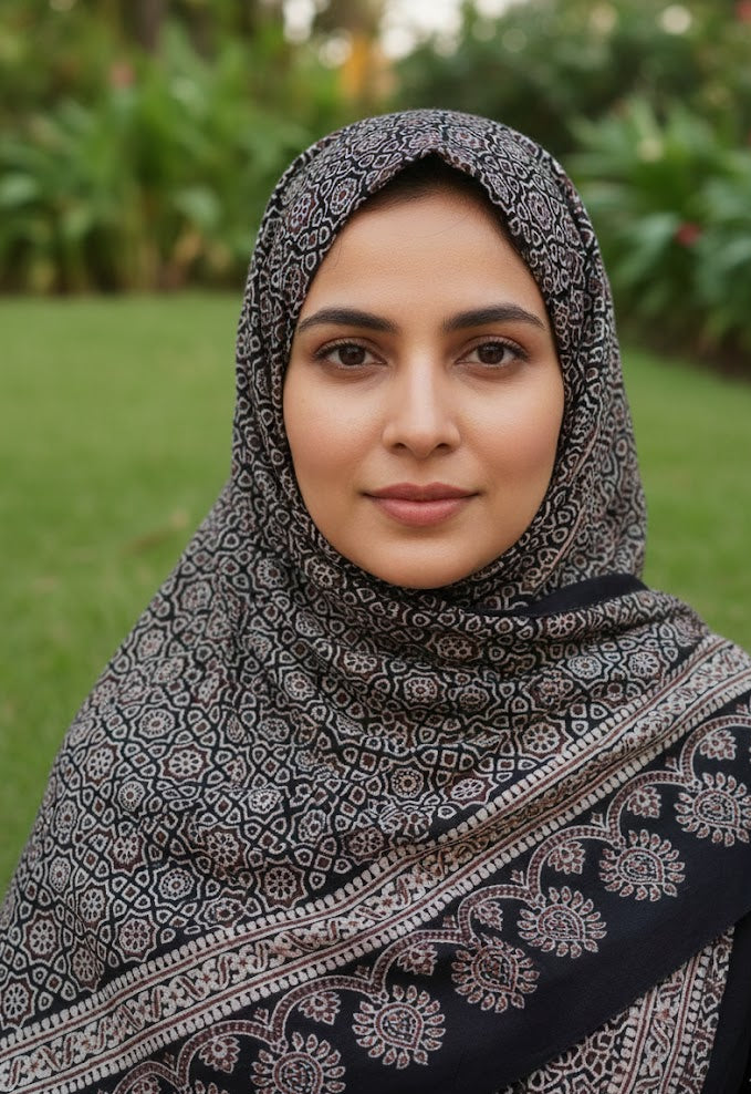 Organic Dyed Hand Block Printed Ajrak Hijab – Black Contrast Moroccan Scarf (79" × 30")