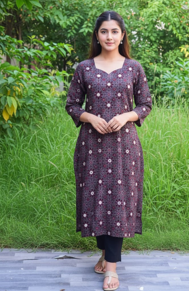 Natural Dyed Ajrak Kurti – Hand Block Printed with Mirror Embroidery (Premium Lawn Cotton)