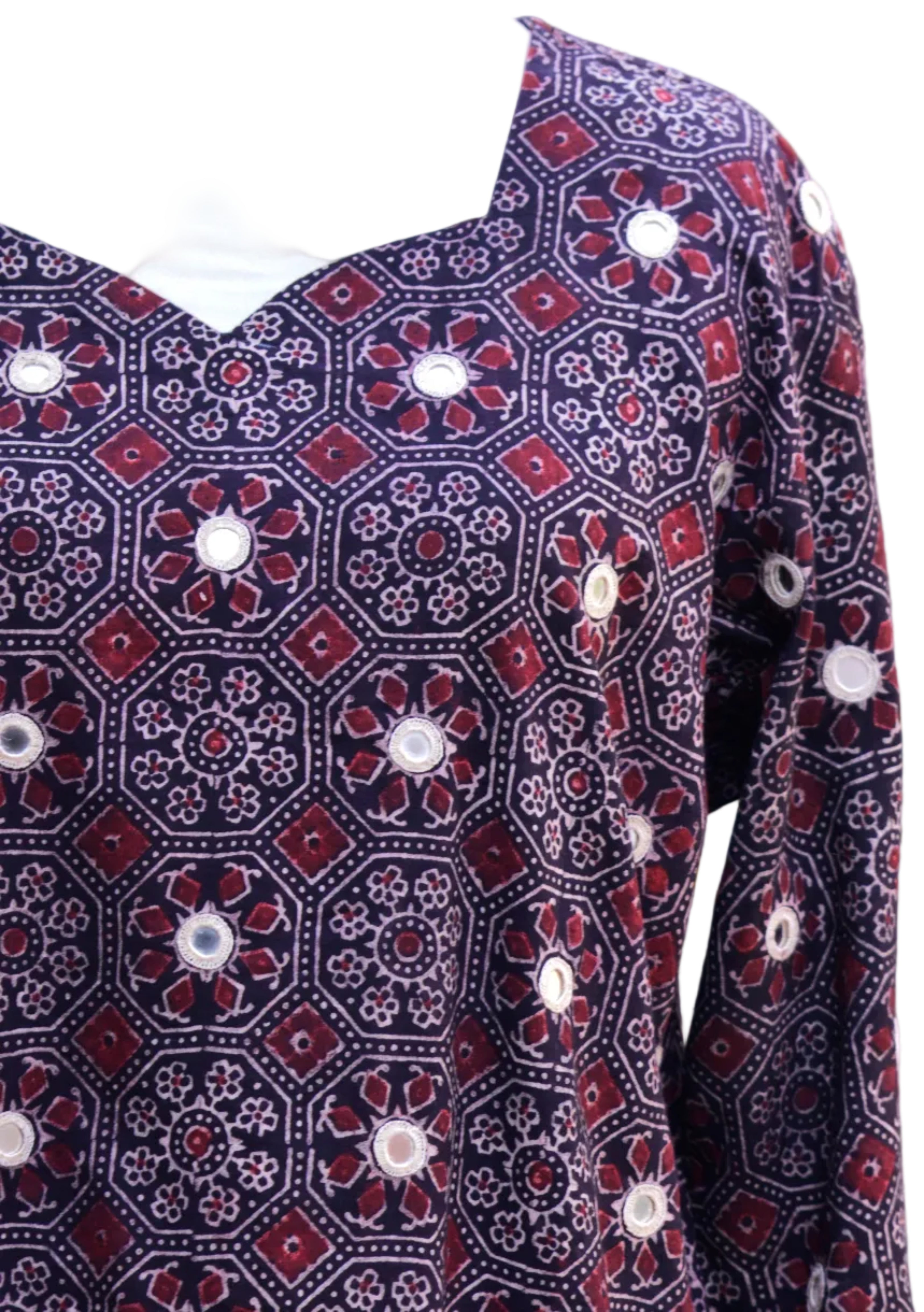 Natural Dyed Ajrak Kurti – Hand Block Printed with Mirror Embroidery (Premium Lawn Cotton)