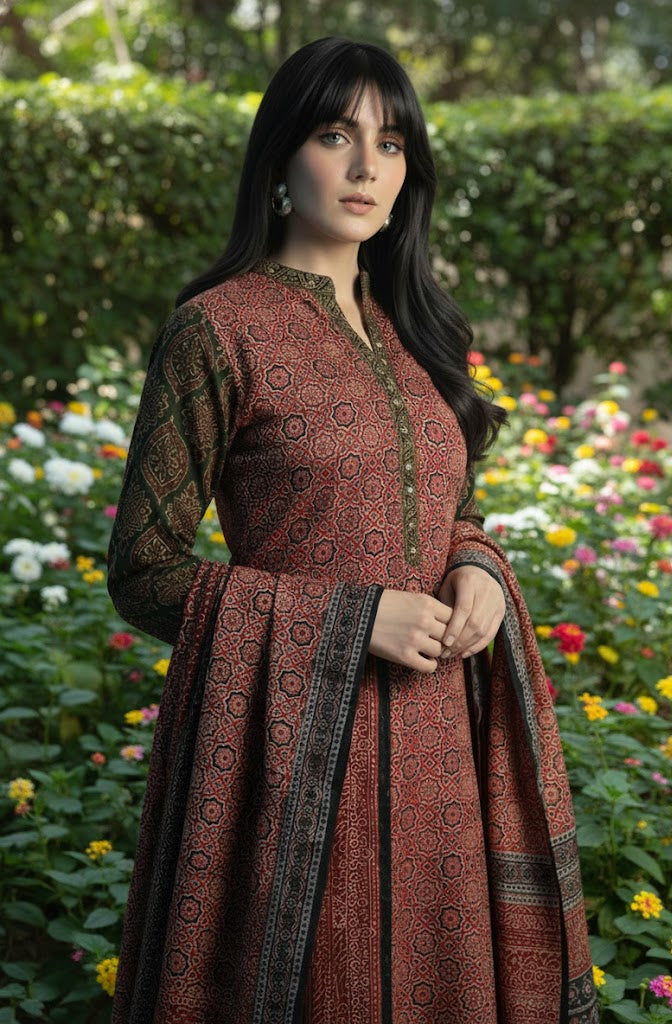 Organic Dyed Hand Block Printed Ajrak Design Dress – Stitched Two-Piece Kurta & Dupatta (Moroccan Motifs Red)
