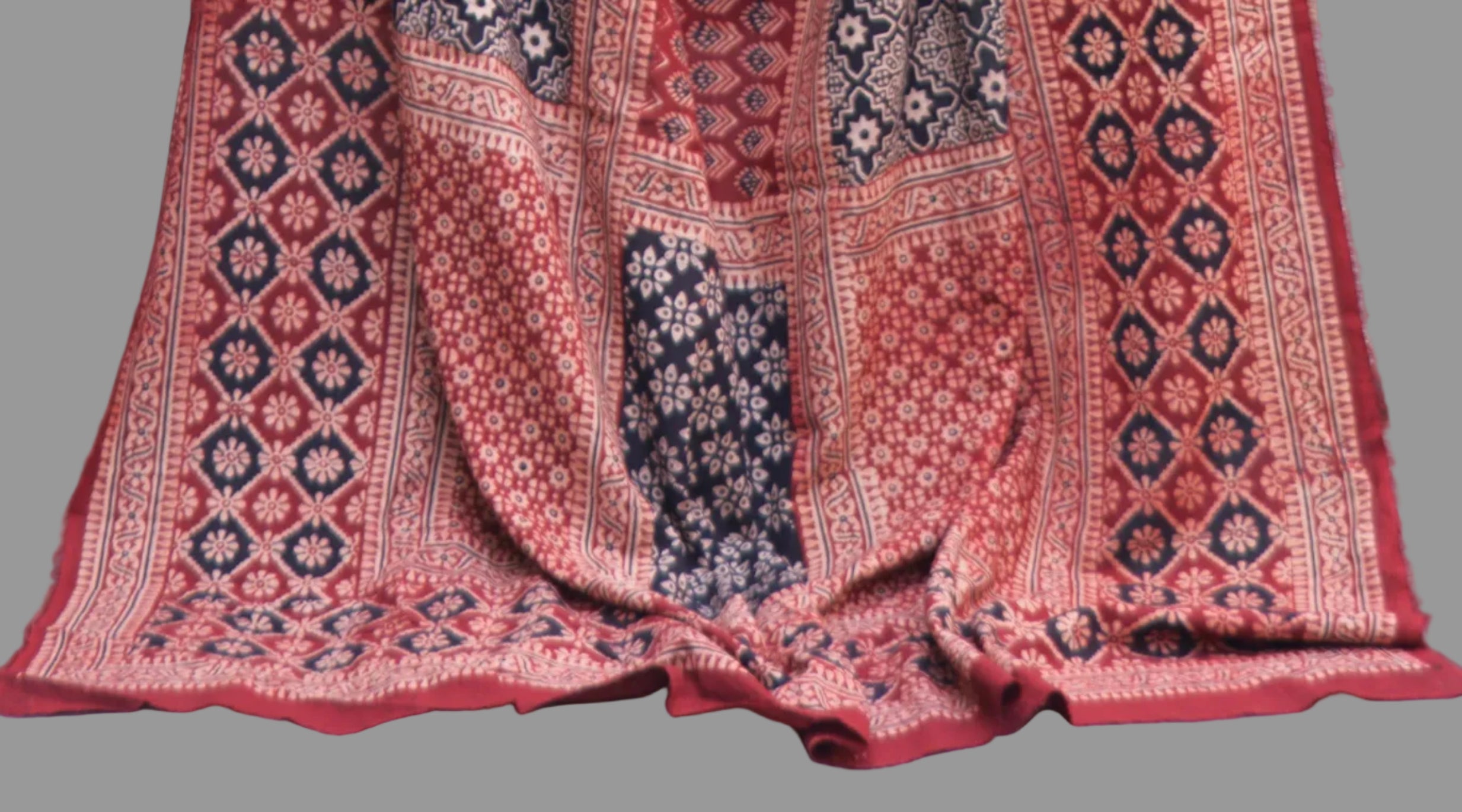 Ajrak Multi-Blocks Chaadar – Hand Block Printed Geometric Maroon & Black, 2.5m × 42-44"