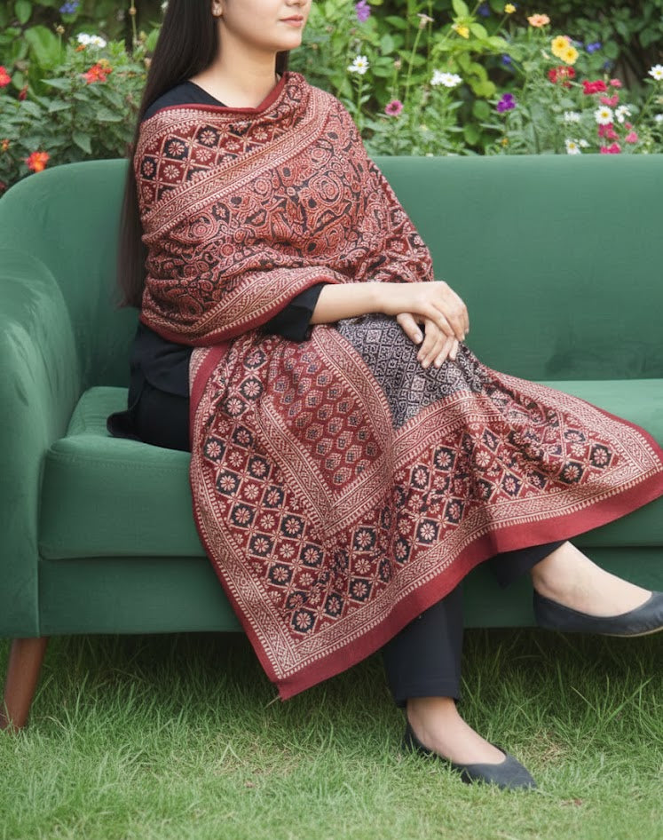 Ajrak Multi-Blocks Chaadar – Hand Block Printed Geometric Maroon & Black, 2.5m × 42-44"